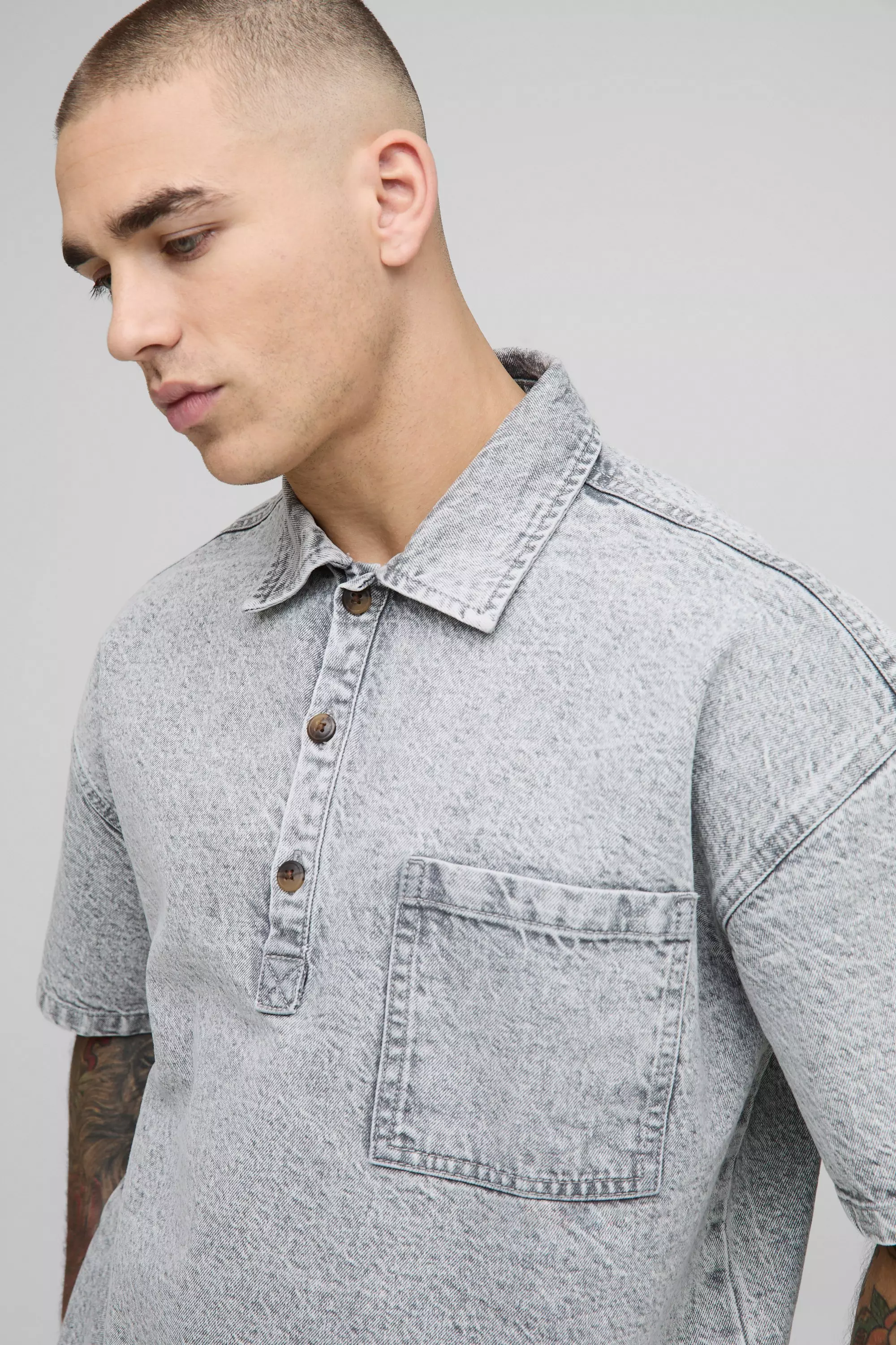 3/4 Sleeve Boxy Washed Rugby Denim Shirt | boohooMAN USA